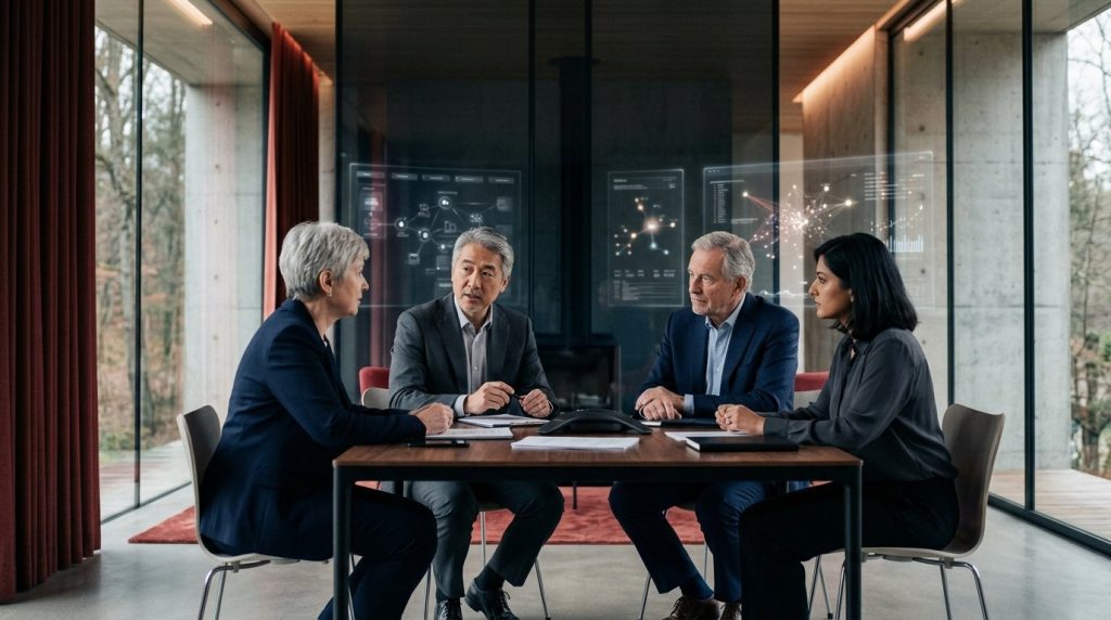 Executive leadership conferring on strategic governance architectures and autonomous systems in a contemporary institutional symposium setting.