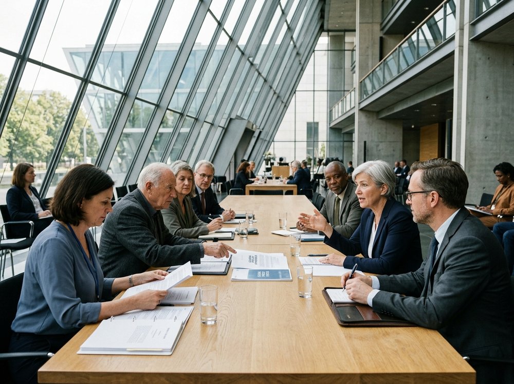 Multilateral delegates and policy thinkers collaborating on strategic summit working papers around an executive conference table.