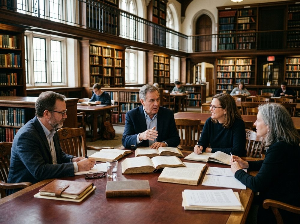 Executive leaders and scholars discussing multidisciplinary leadership frameworks inside an institutional research library.